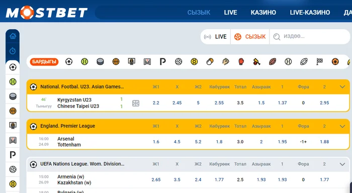 Спорт букмекерлик линиясы MostBet
